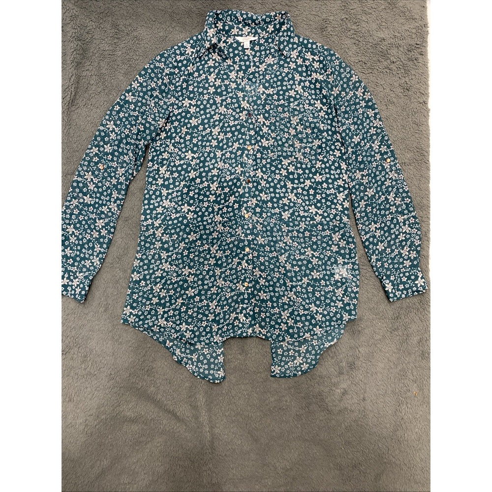 Candies Blouse Women's Medium Sheet Button Down Green Floral With Button Sleeve